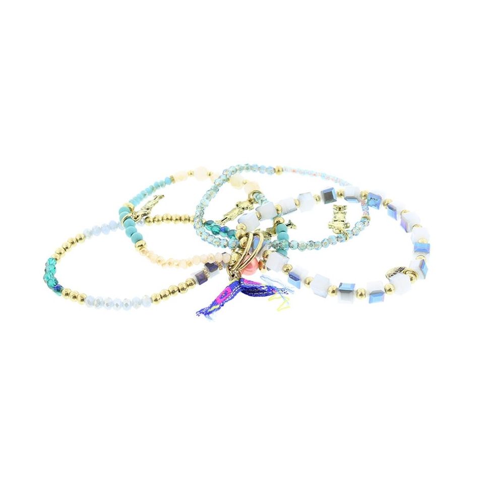BRACELET 4 STRIPS METAL STONE BEADS