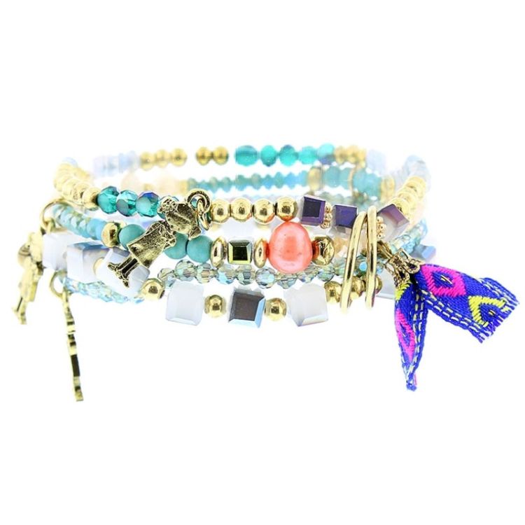 BRACELET 4 STRIPS METAL STONE BEADS