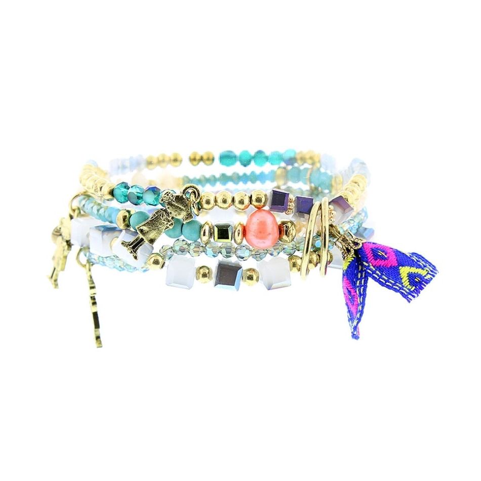 BRACELET 4 STRIPS METAL STONE BEADS