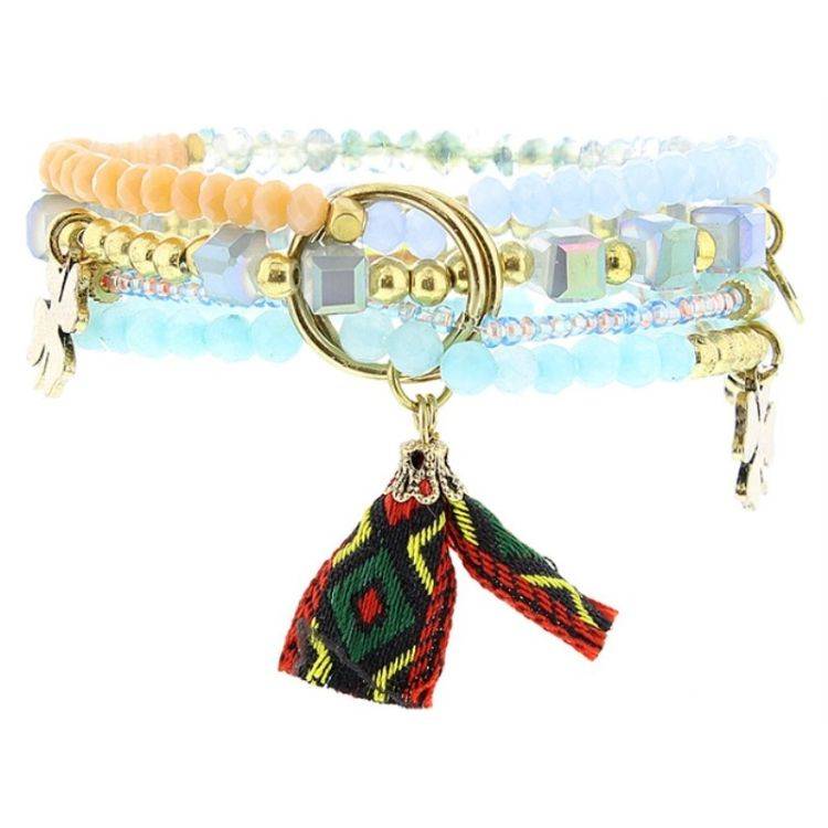 BRACELET 4 STRIPS METAL STONE BEADS