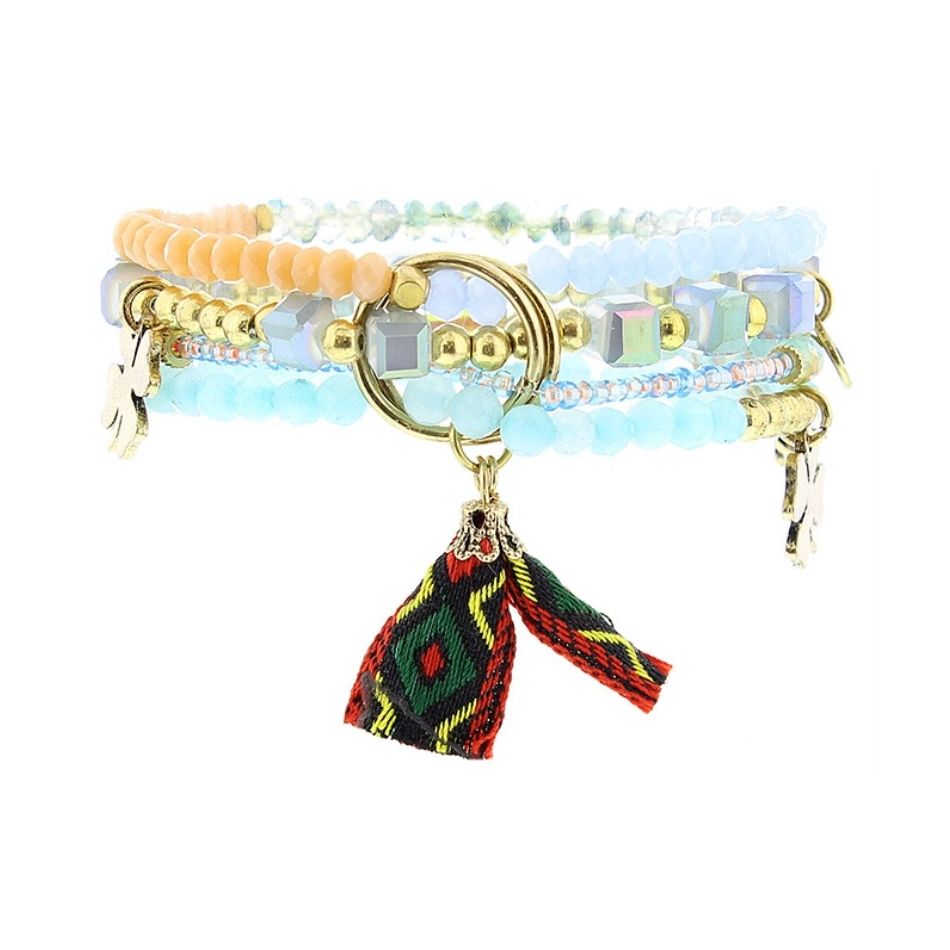 BRACELET 4 STRIPS METAL STONE BEADS