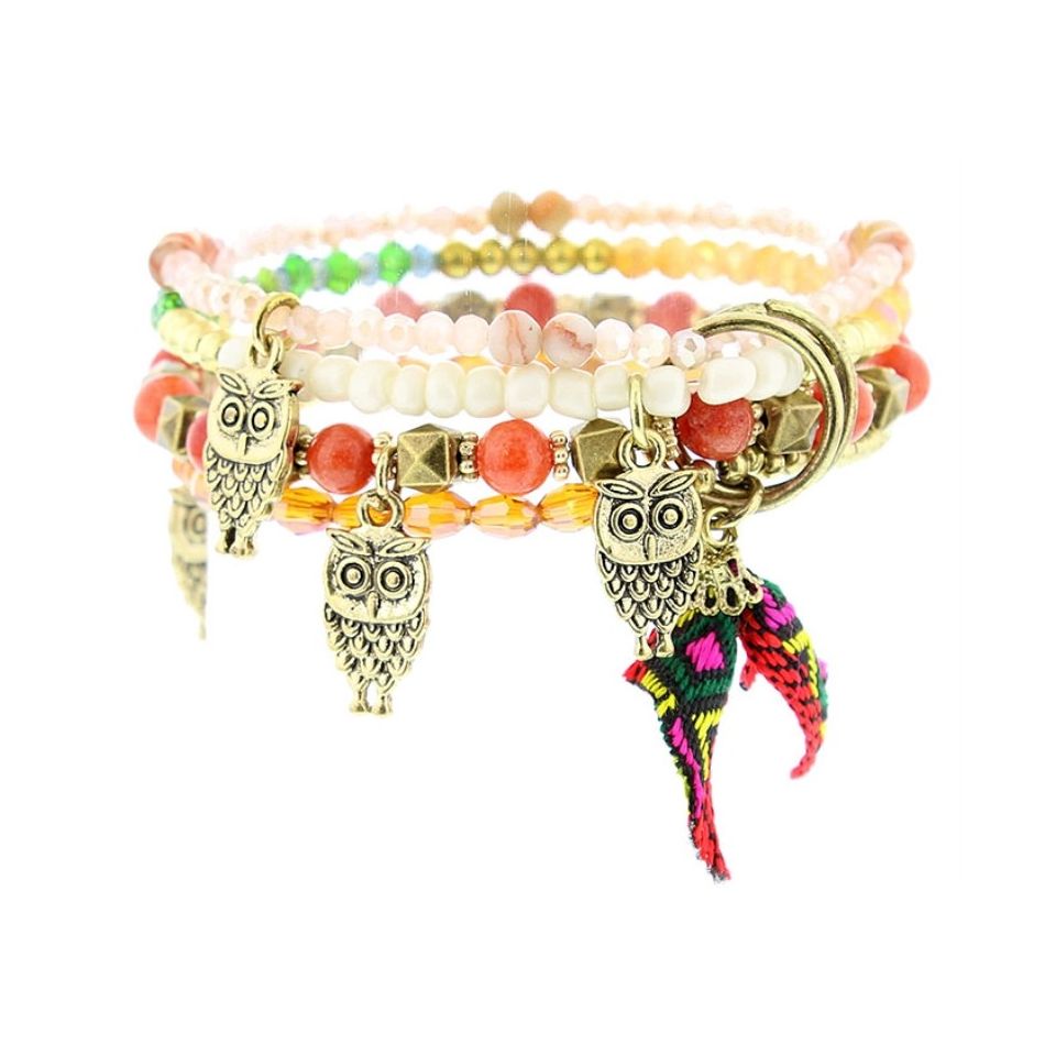 BRACELET 4 STRIPS METAL STONE BEADS