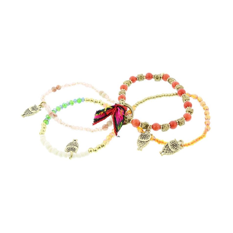 BRACELET 4 STRIPS METAL STONE BEADS