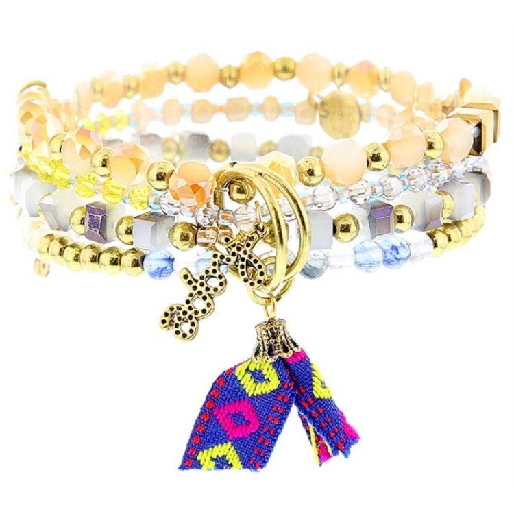 PULSERA 4 TIRAS CUENTAS METAL PIEDRAS