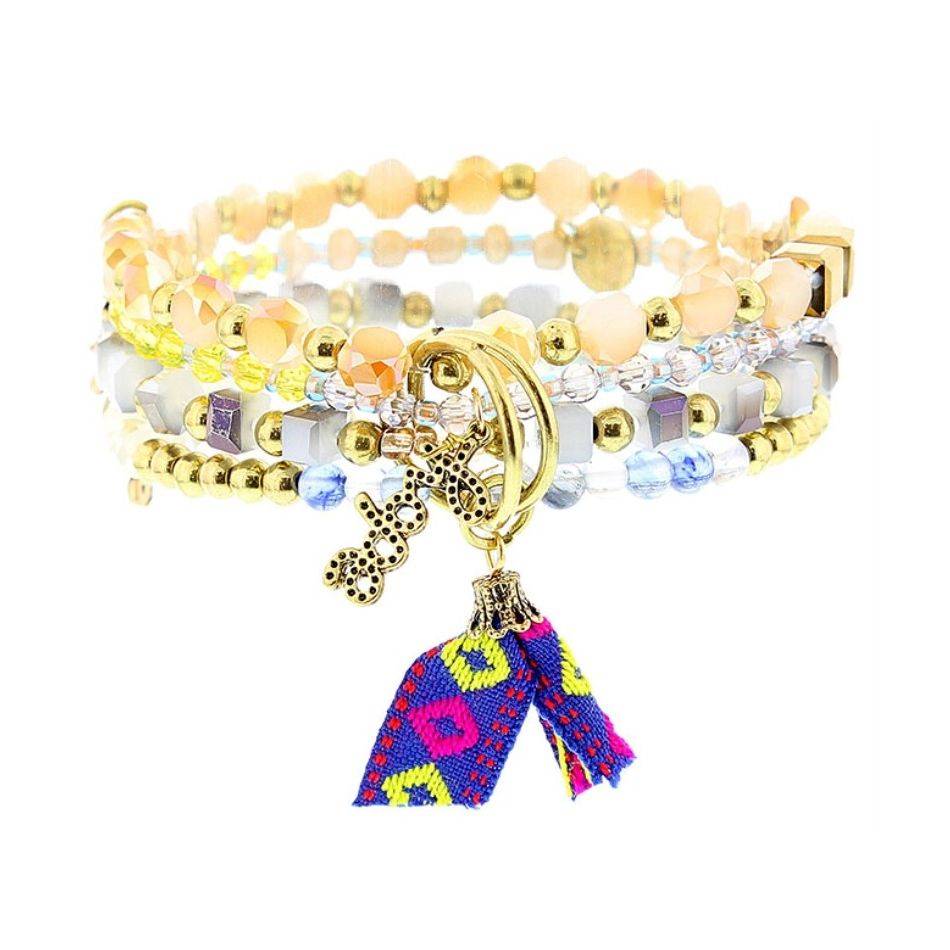 BRACELET 4 STRIPS METAL STONE BEADS