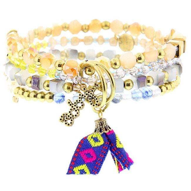 BRACELET 4 STRIPS METAL STONE BEADS