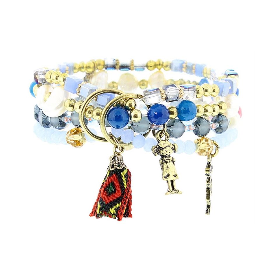 BRACELET 4 STRIPS METAL STONE BEADS