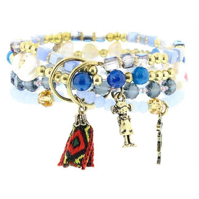 BRACELET 4 STRIPS METAL STONE BEADS