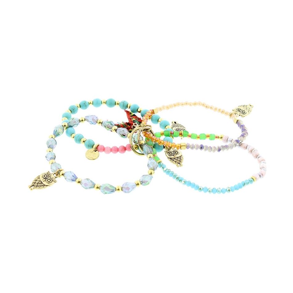BRACELET 4 STRIPS METAL STONE BEADS