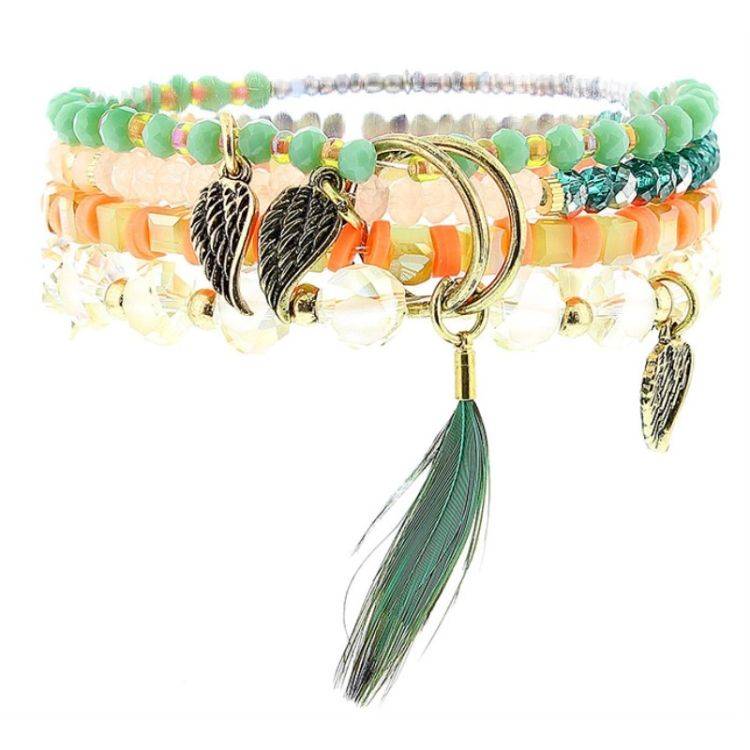 PULSERA 4 TIRAS CUENTAS METAL PIEDRAS