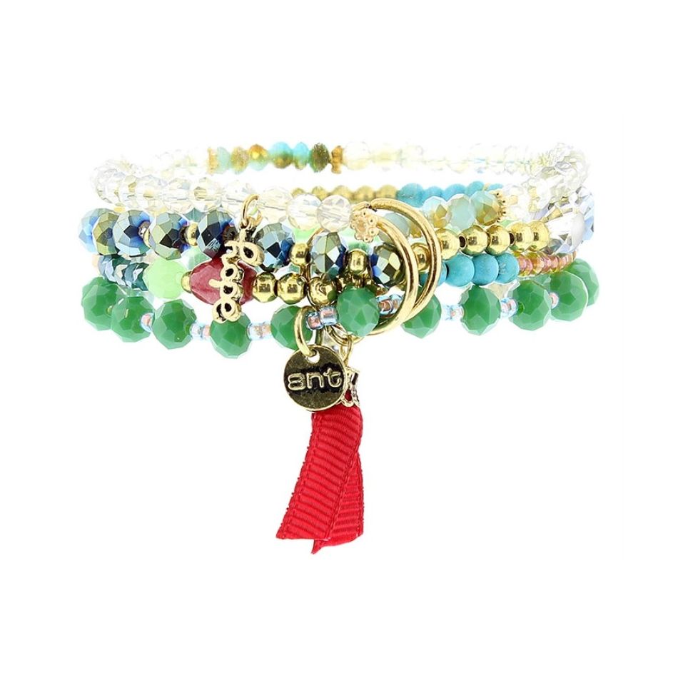 BRACELET 4 STRIPS METAL STONE BEADS
