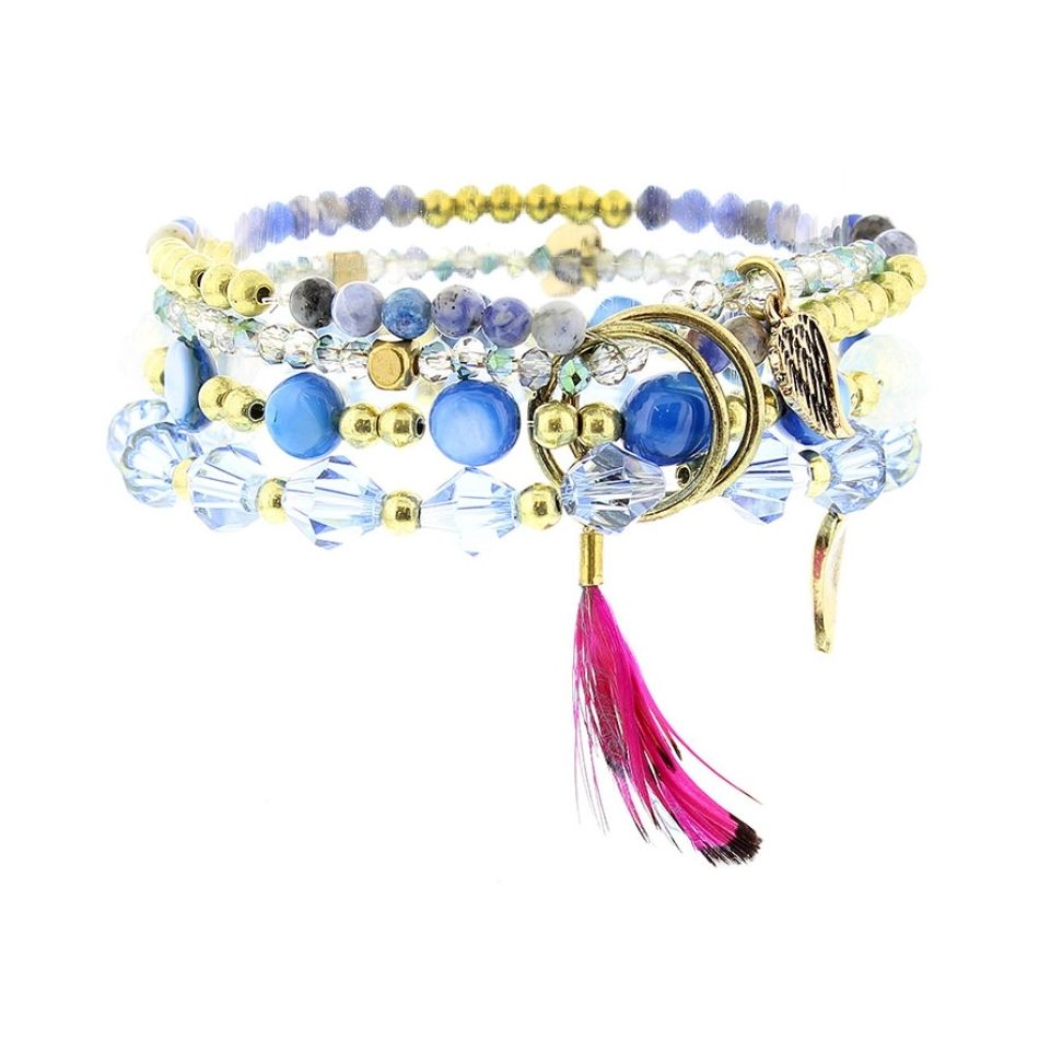 BRACELET 4 STRIPS METAL STONE BEADS