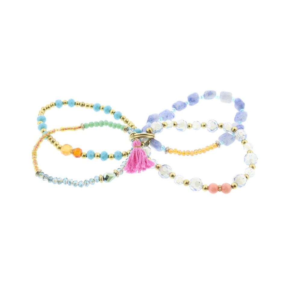 BRACELET 4 STRIPS METAL CRYSTALS BEADS