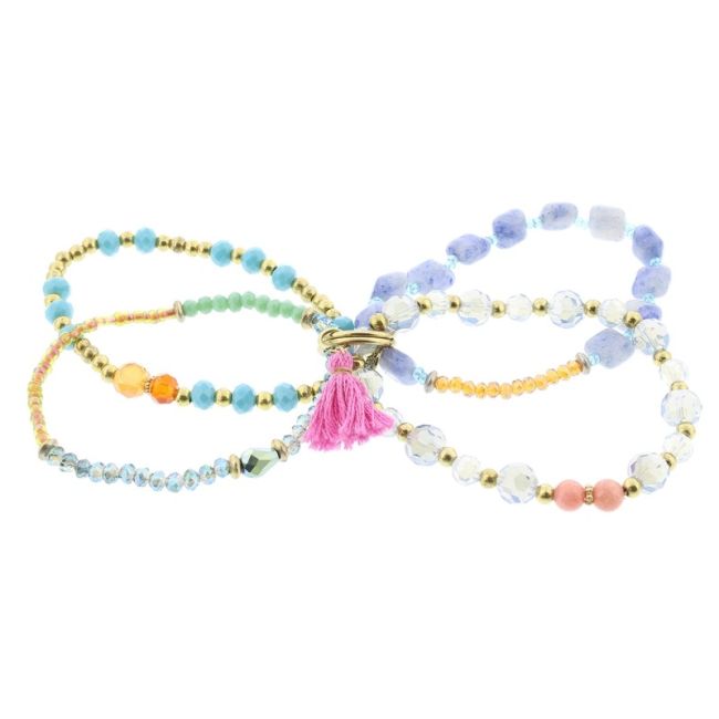 BRACELET 4 STRIPS METAL CRYSTALS BEADS