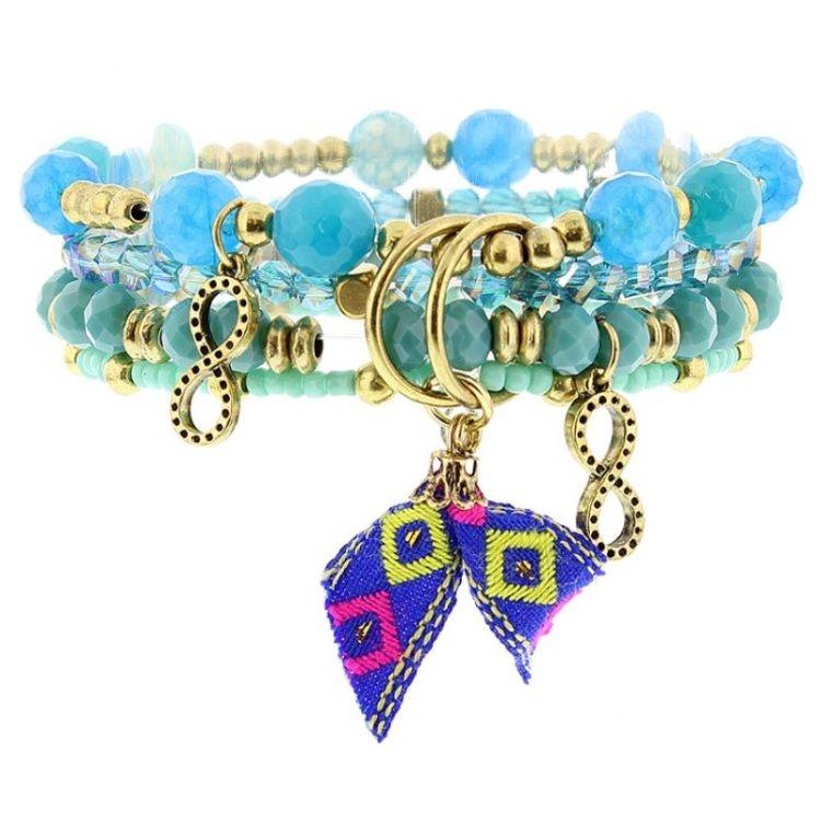 PULSERA 4 TIRAS CUENTAS METAL PIEDRAS