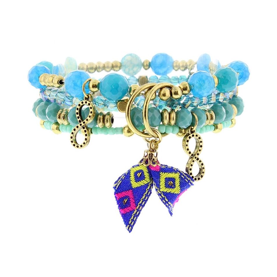 PULSERA 4 TIRAS CUENTAS METAL PIEDRAS