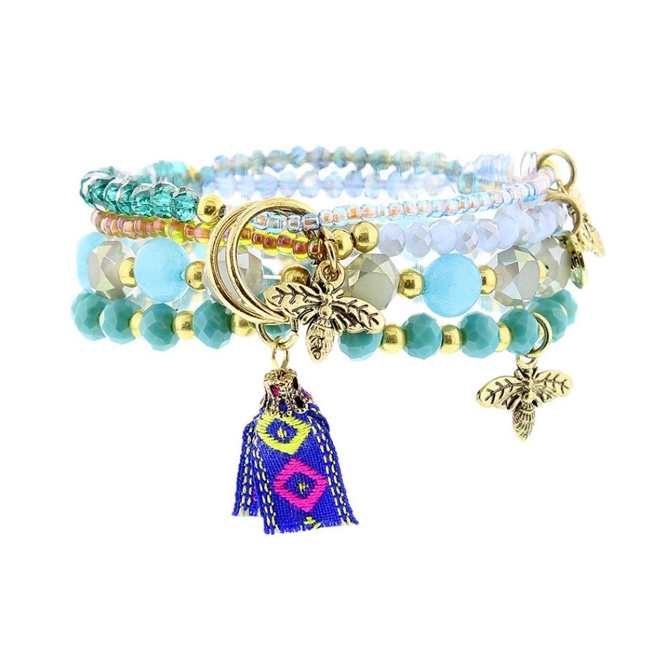BRACELET 4 STRIPS METAL STONE BEADS