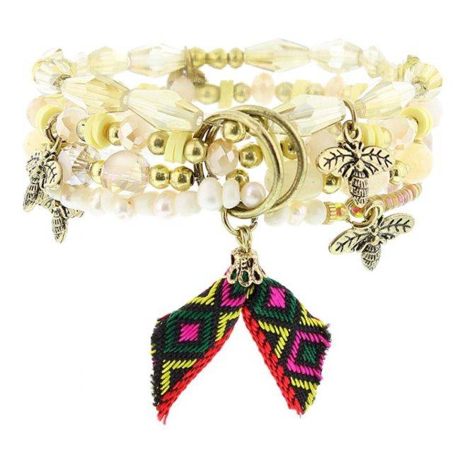 BRACELET 4 STRIPS METAL STONE BEADS