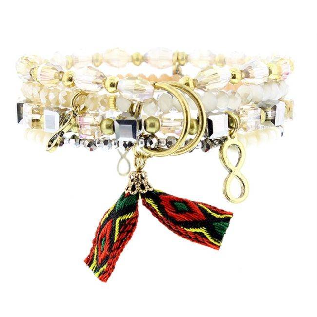 BRACELET 4 STRIPS METAL STONE BEADS