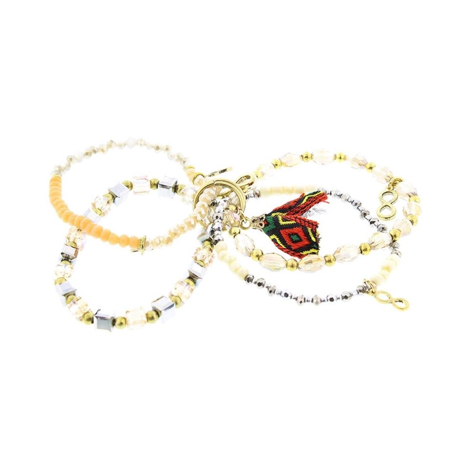 PULSERA 4 TIRAS CUENTAS METAL PIEDRAS