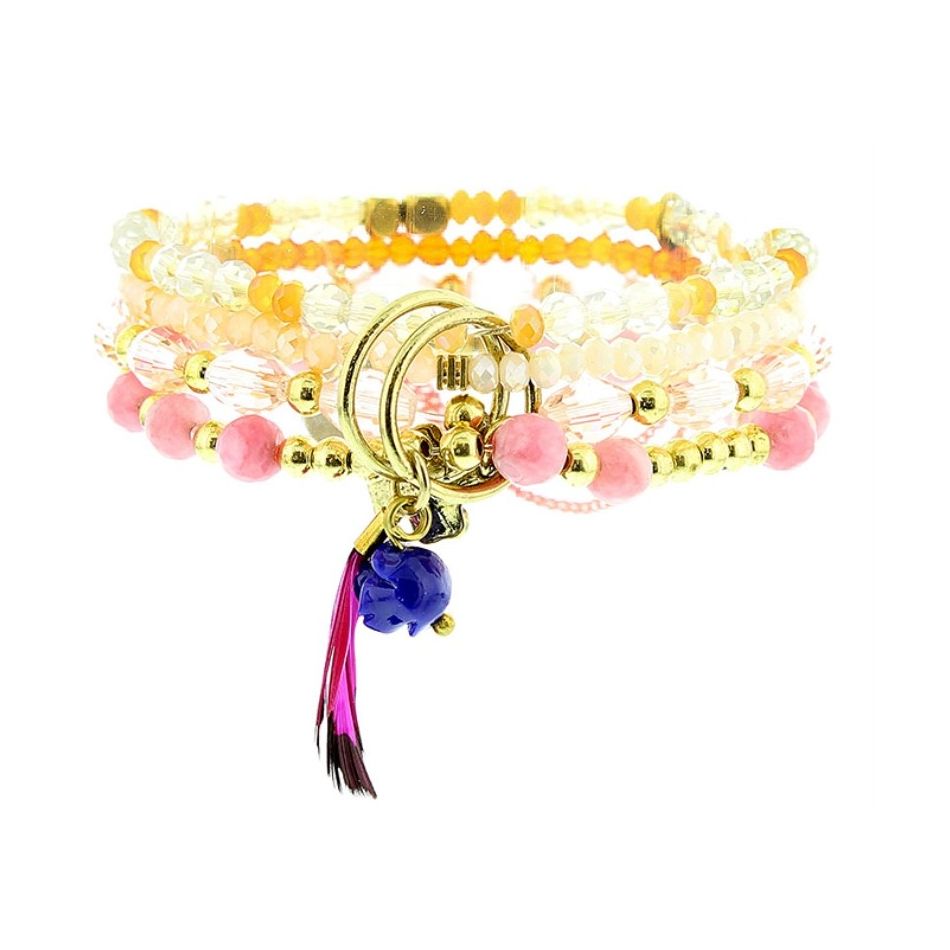 BRACELET 4 STRIPS METAL STONE BEADS