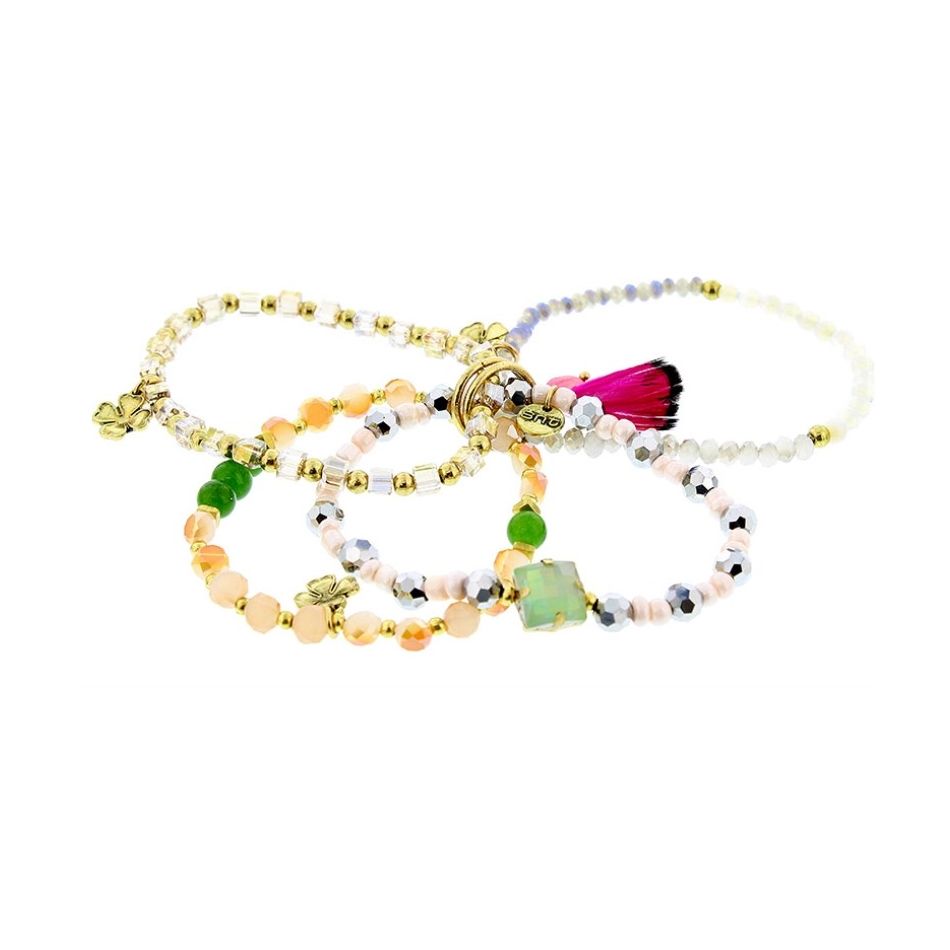 PULSERA 4 TIRAS CUENTAS METAL PIEDRAS