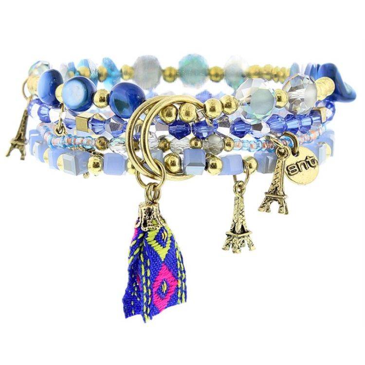 BRACELET 4 STRIPS METAL STONE BEADS