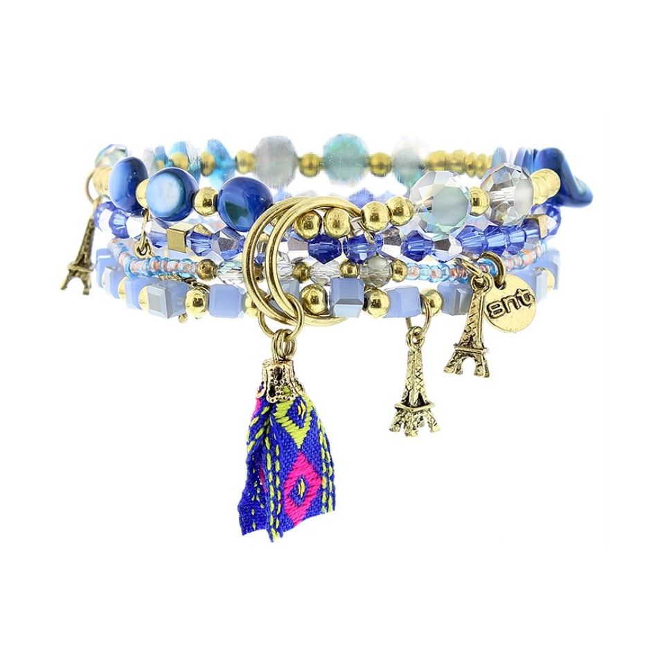 BRACELET 4 STRIPS METAL STONE BEADS