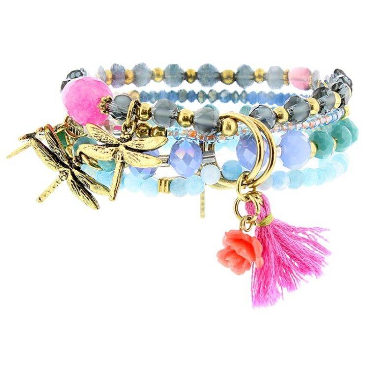 BRACELET 4 STRIPS METAL STONE BEADS