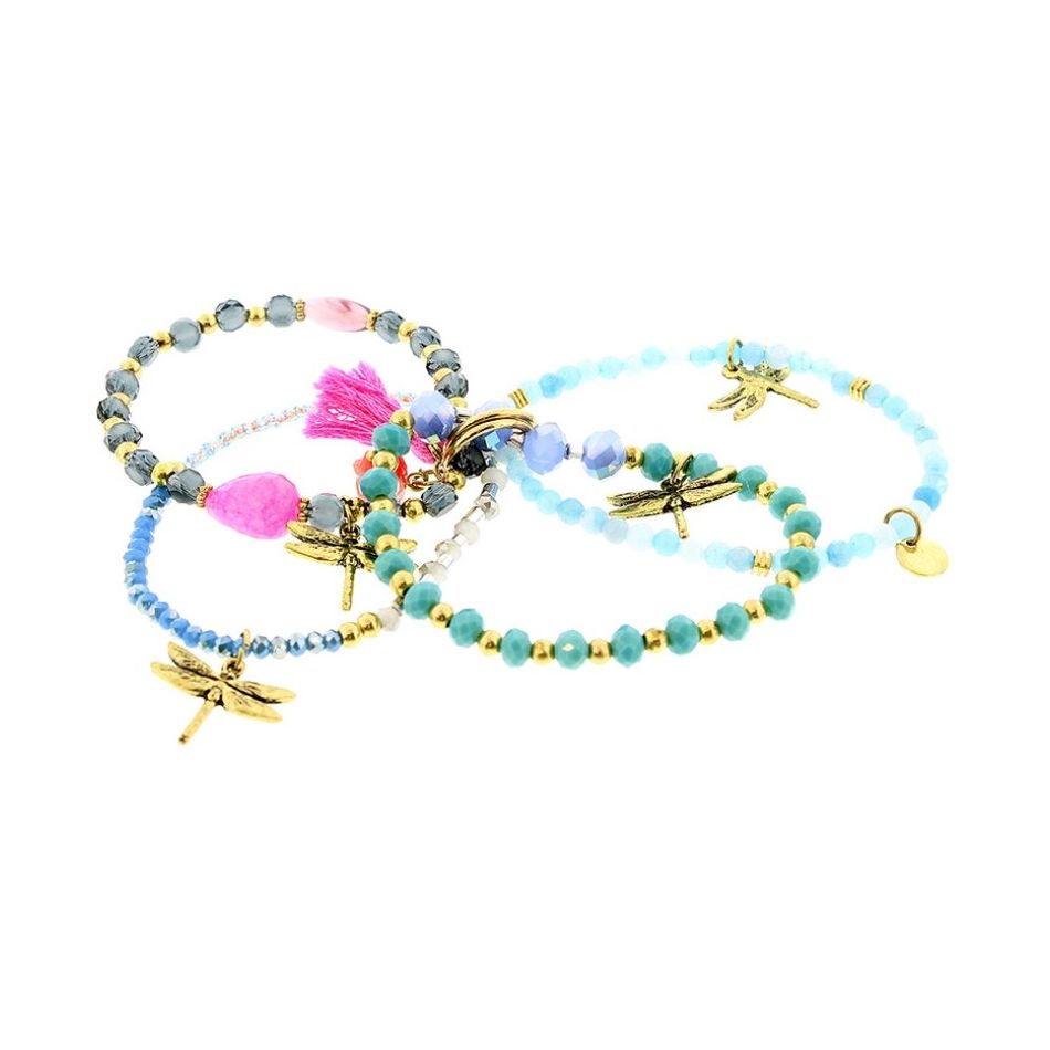 BRACELET 4 STRIPS METAL STONE BEADS
