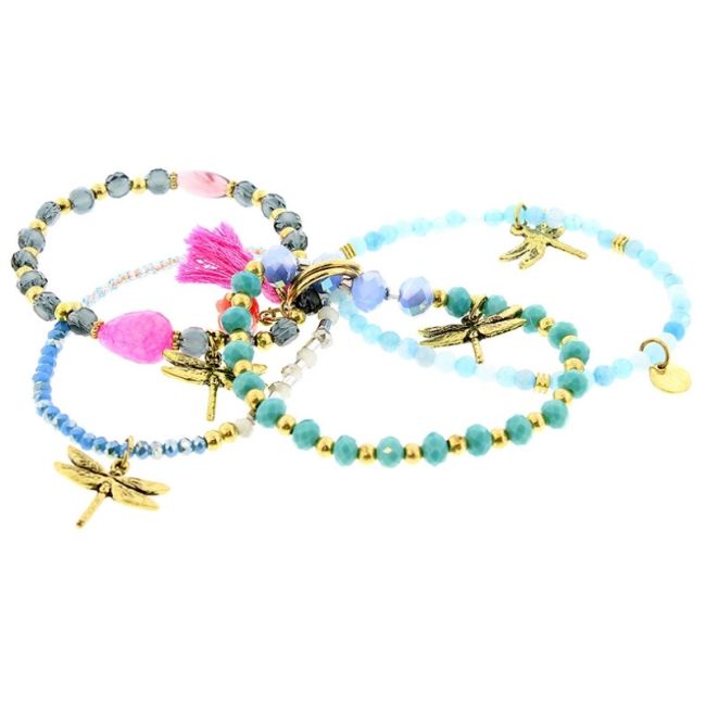 BRACELET 4 STRIPS METAL STONE BEADS