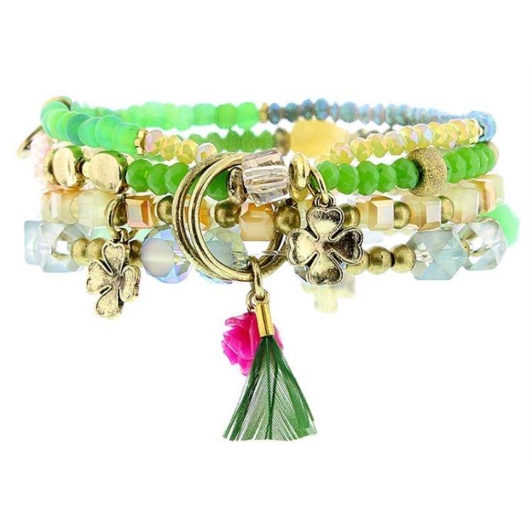 BRACELET 4 STRIPS METAL STONE BEADS