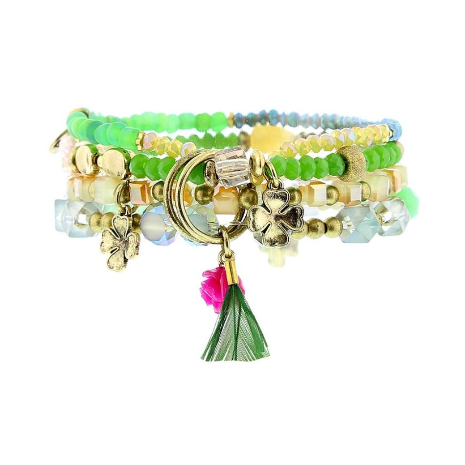 BRACELET 4 STRIPS METAL STONE BEADS