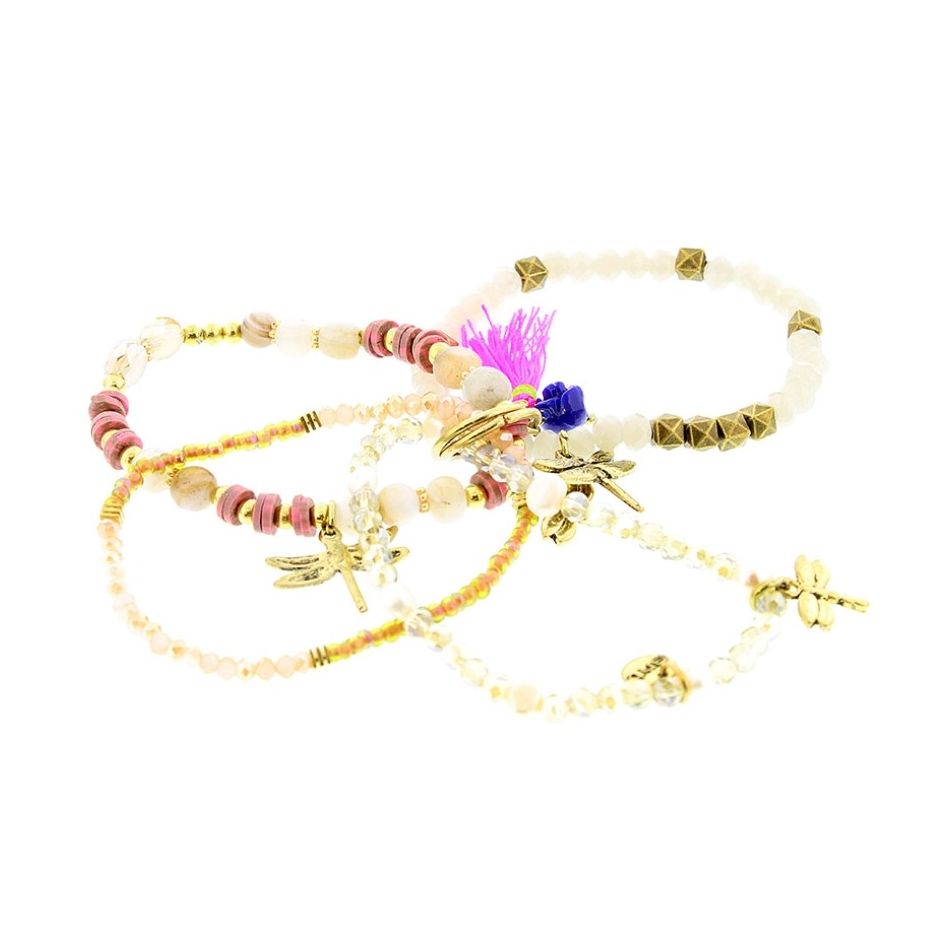 PULSERA 4 TIRAS CUENTAS METAL PIEDRAS
