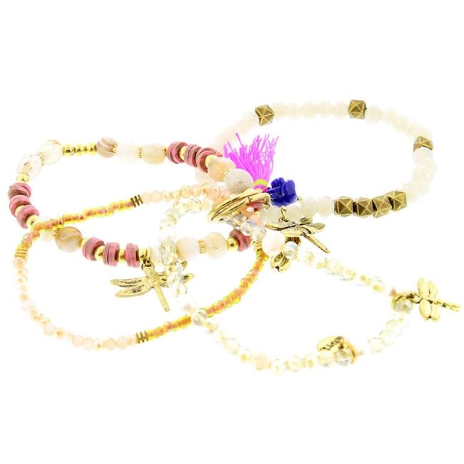 BRACELET 4 STRIPS METAL STONE BEADS