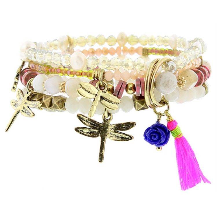 BRACELET 4 STRIPS METAL STONE BEADS