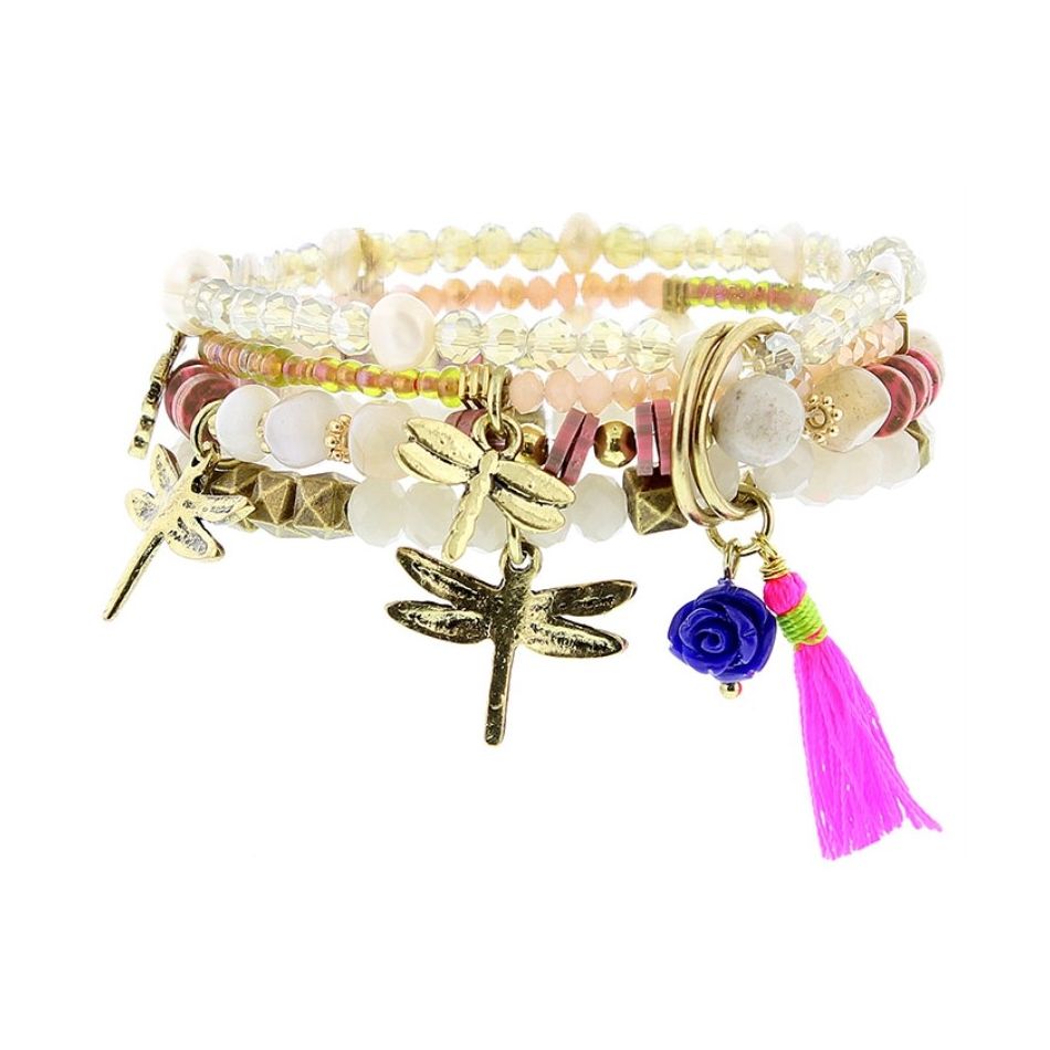 BRACELET 4 STRIPS METAL STONE BEADS