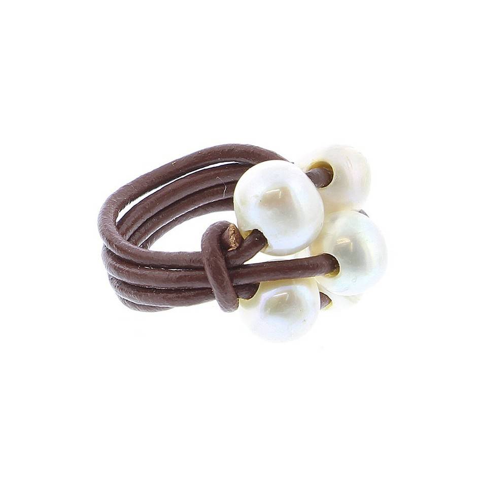 ANILLO CUERO PERLAS CULTIVADAS Tallas variadas