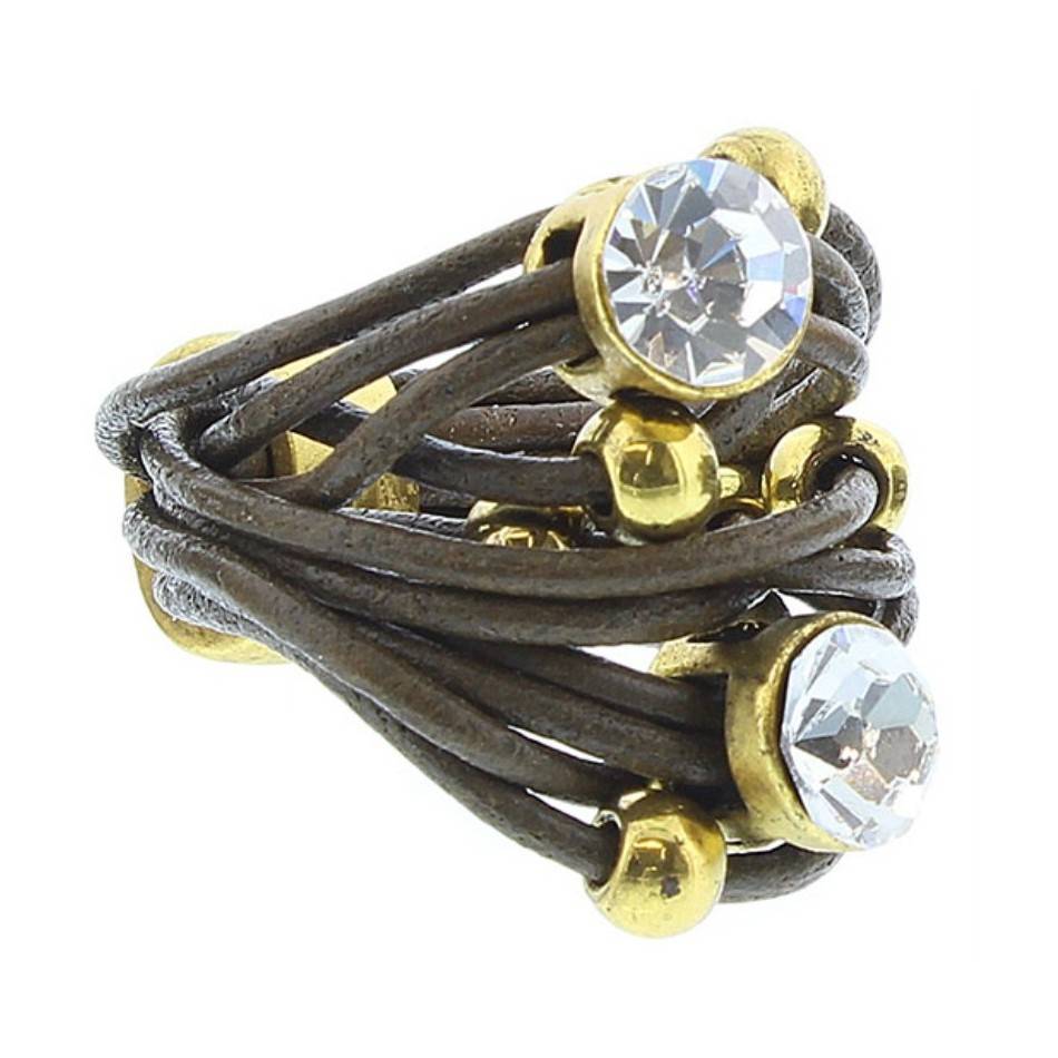 ANILLO CUERO CUENTAS METAL CRISTALES Tallas variadas