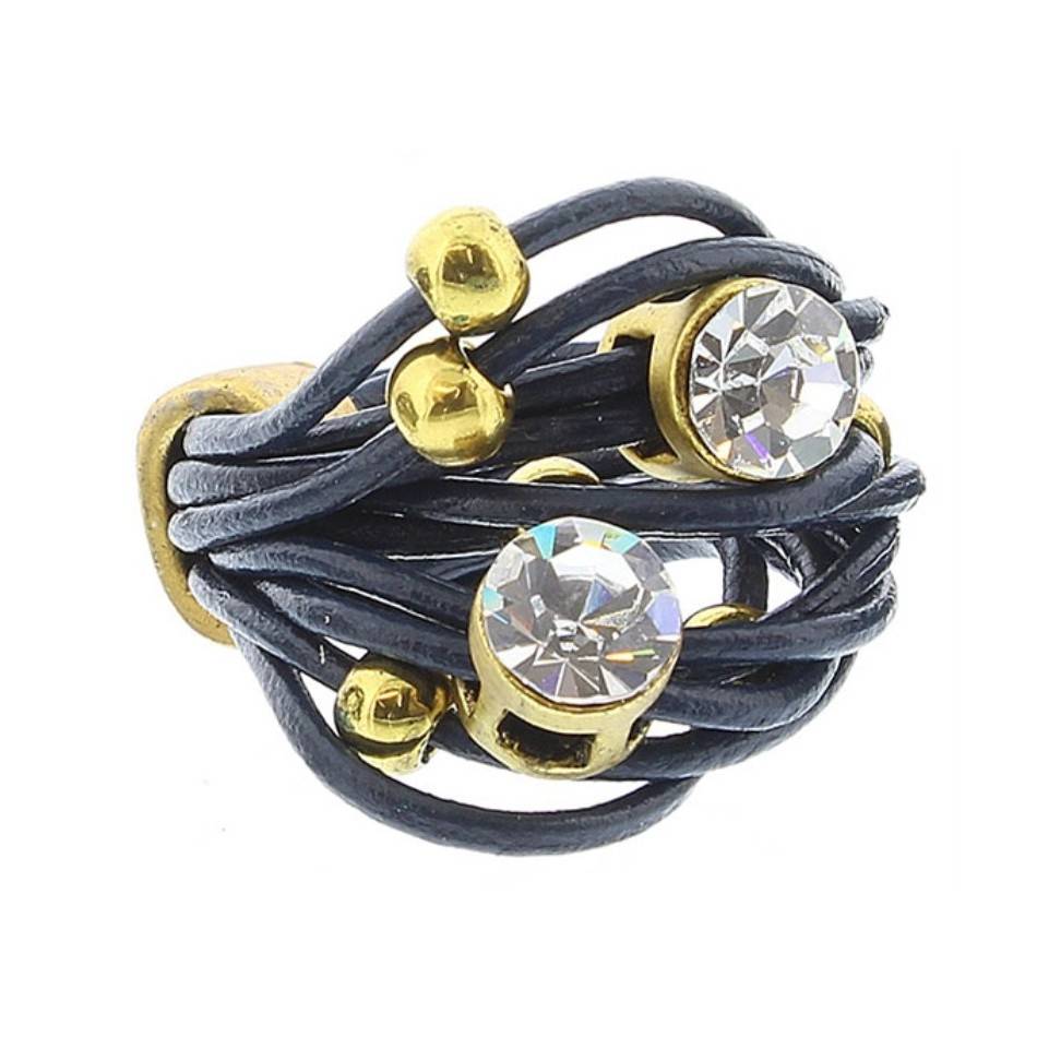 ANILLO CUERO CUENTAS METAL CRISTALES Tallas variadas