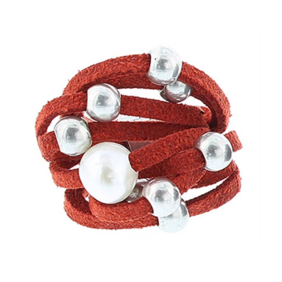 CULTIVATED PEARL METAL BEADS SUEDE RING
