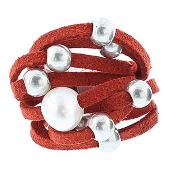 CULTIVATED PEARL METAL BEADS SUEDE RING
