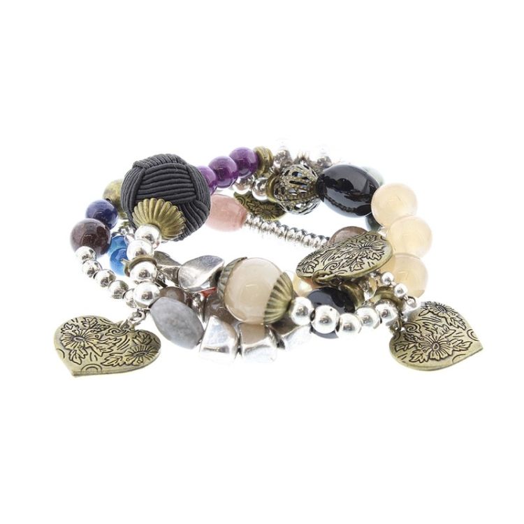 BRACELET 4 STRIPS METAL STONE BEADS