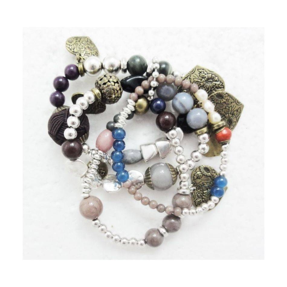 PULSERA 4 TIRAS CUENTAS METAL PIEDRAS