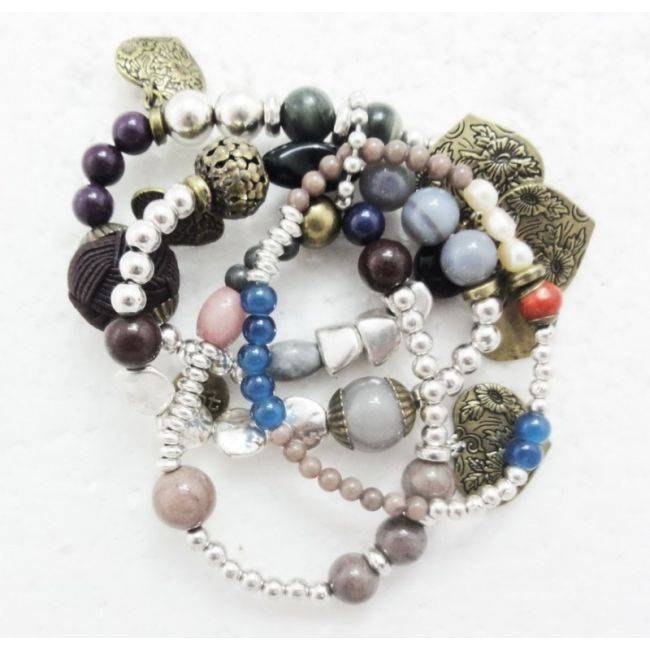 PULSERA 4 TIRAS CUENTAS METAL PIEDRAS
