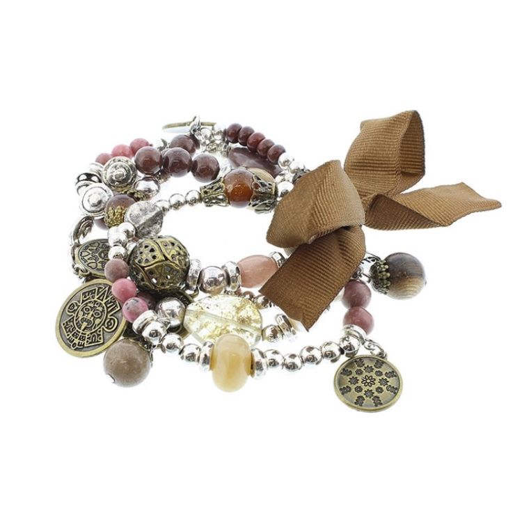 BRACELET 4 STRIPS METAL STONE BEADS