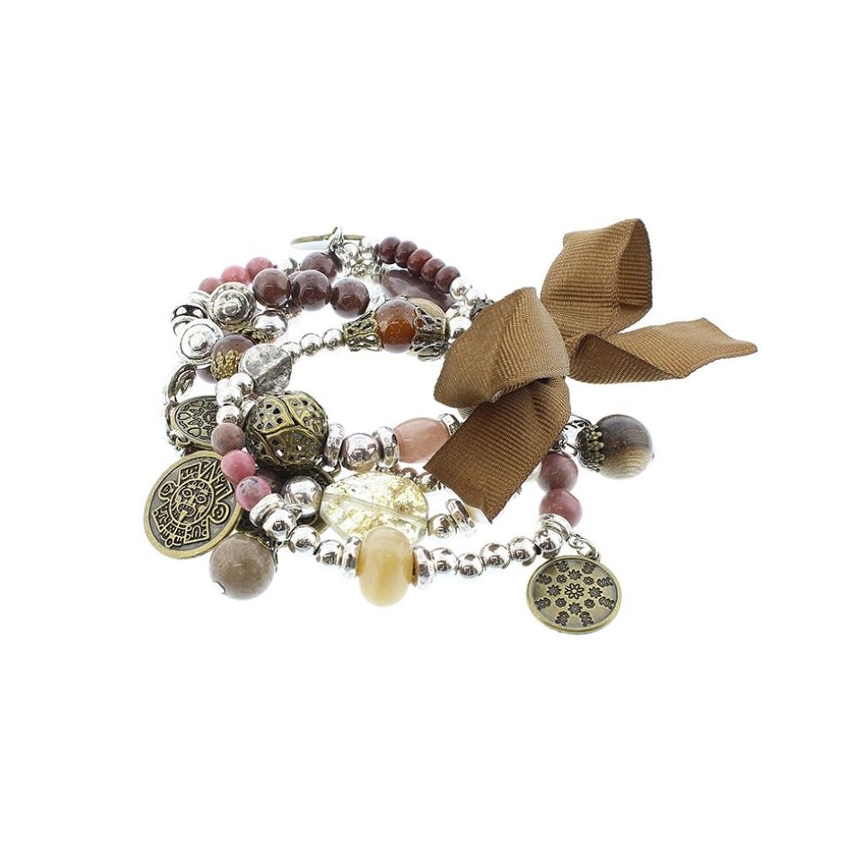 BRACELET 4 STRIPS METAL STONE BEADS