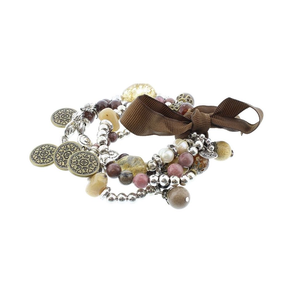 BRACELET 4 STRIPS METAL STONE BEADS