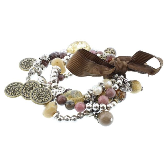 BRACELET 4 STRIPS METAL STONE BEADS