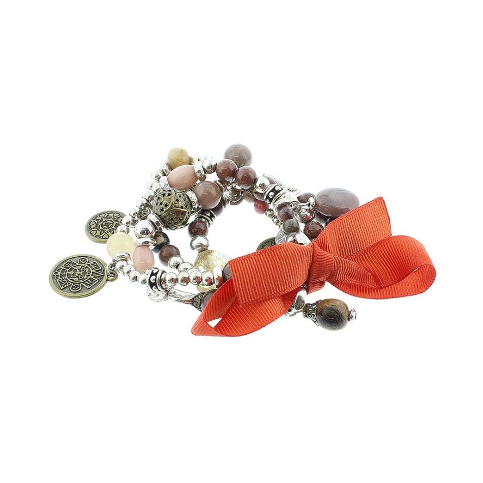 BRACELET 4 STRIPS METAL STONE BEADS